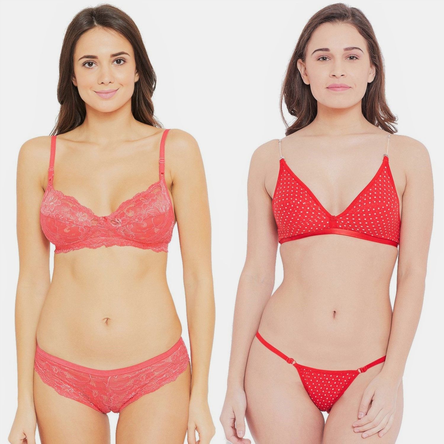 Buy N-Gal Combo Set Of 2 Non Padded Wirefree Coral Red Push Up Lace Bra & Panty  Set Online