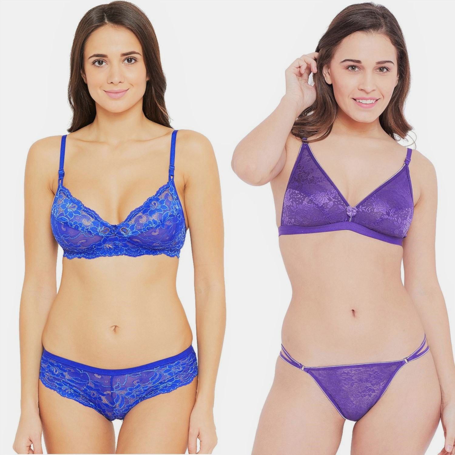 Buy N-Gal Combo Set Of 2 Non Padded Wirefree Blue Purple Push Up Lace Bra & Panty  Set Online