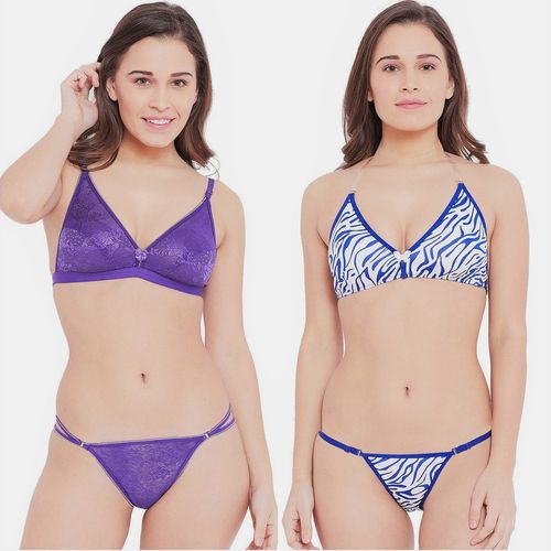 Buy N-Gal Combo Set Of 2 Non Padded Wirefree Blue Purple Push Up Lace Bra & Panty  Set Online