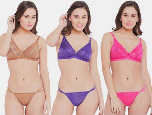 Buy N-Gal Set Of 3 Designer Non Padded Wirefree Purple Beige Pink Push Up  Bra & Panty Set (30) Online