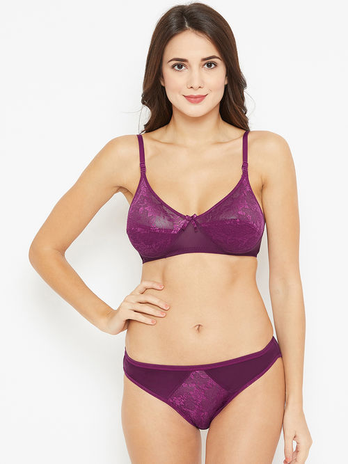 Buy N-Gal Non Padded Wirefree Purple Designer Bra & Panty Set Online