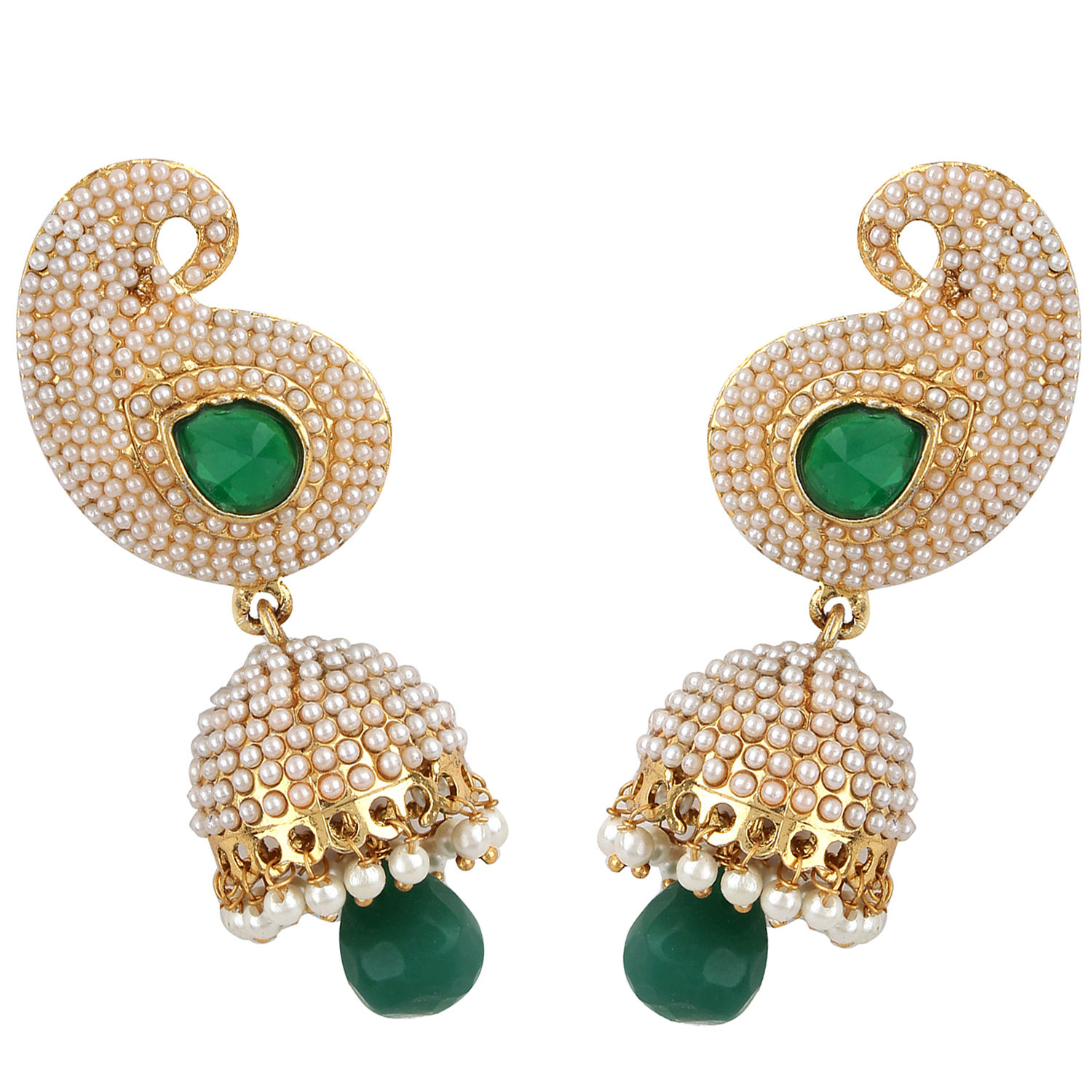 Anika's Creations Pearl Embedded Traditional Partywear Green Jhumki