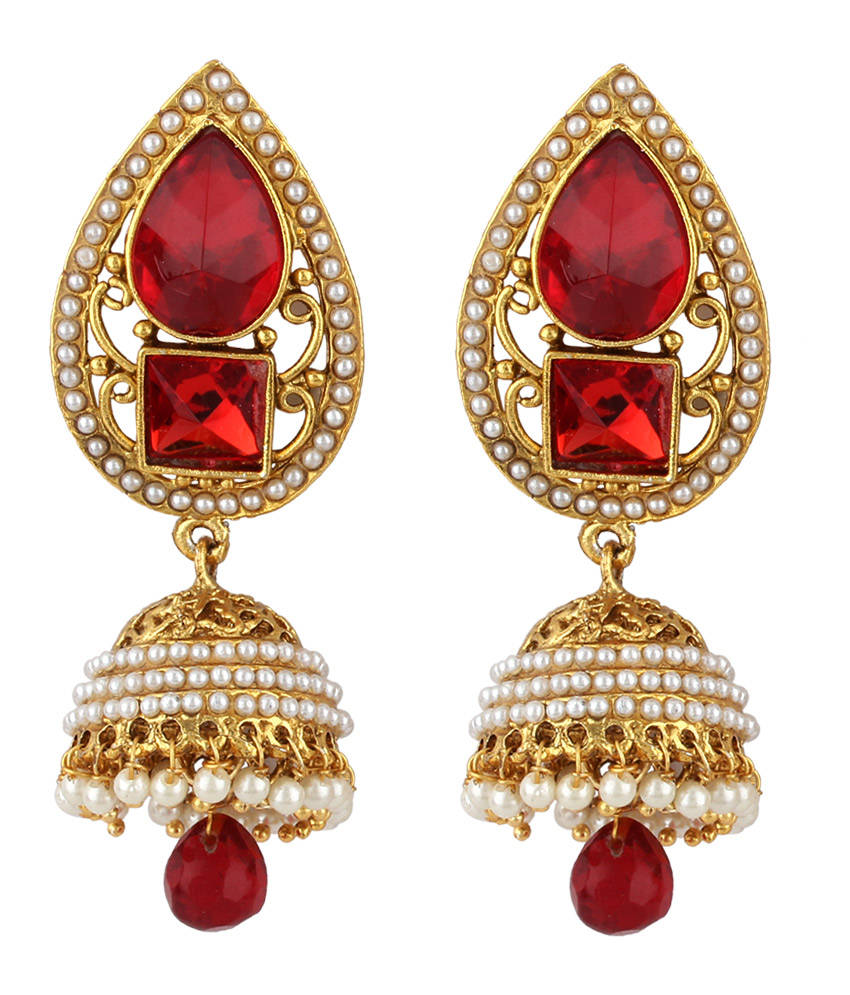 Anika's Creations Pearl Embedded Red Designer Jhumki Earrings