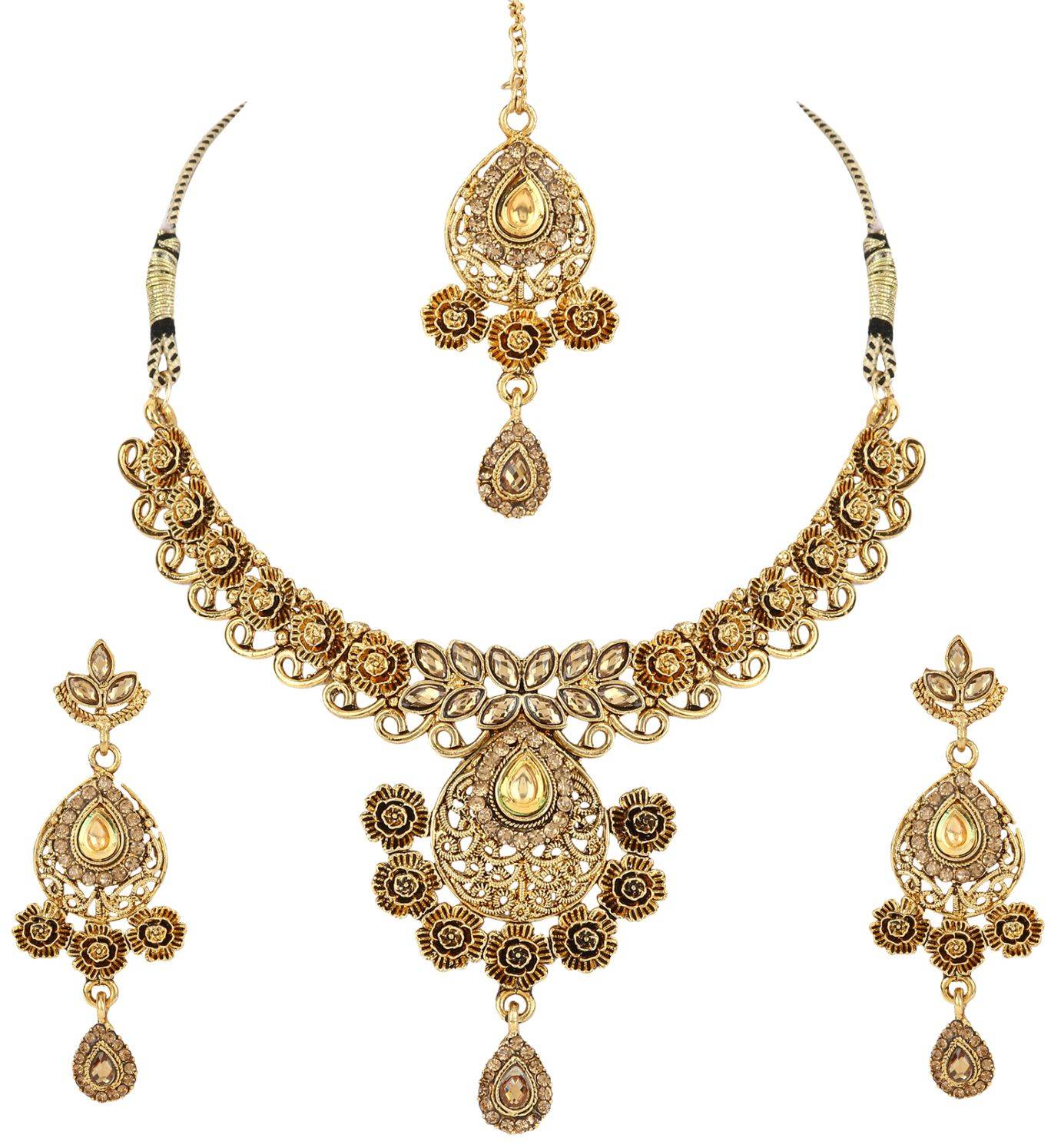 Anika's Creation Designer Traditional Gold Wedding Wear Jewellery Set With Maang Tikka