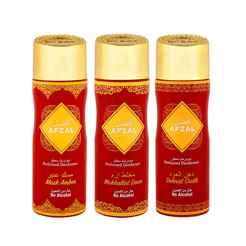 Afzal Non Alcoholic Musk Amber, Dehenal Oudh, Mukhallat Erum Deodorant (Pack of 3)