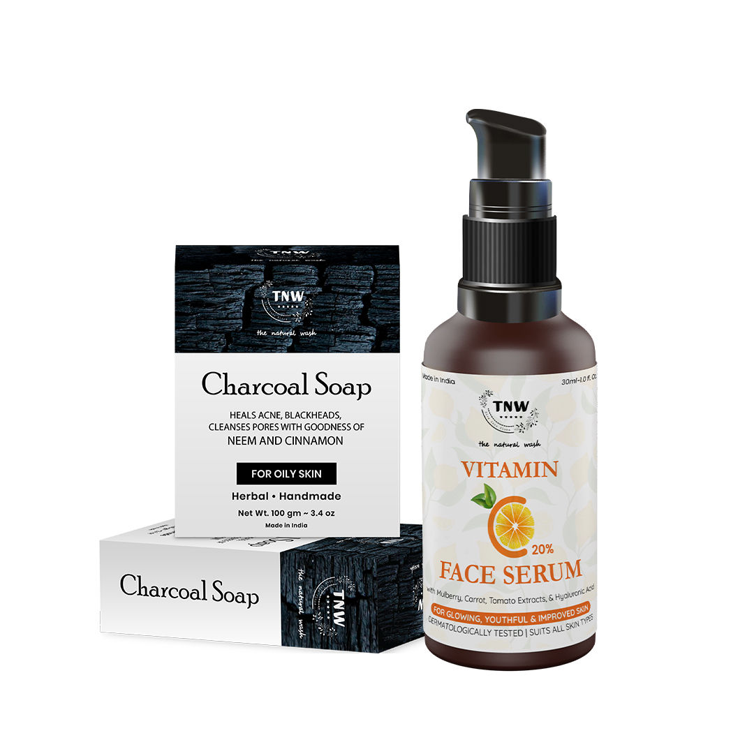 TNW The Natural Wash Handmade Charcoal Soap For Blackheads & Acne + Vitamin C Skin Clearing Serum
