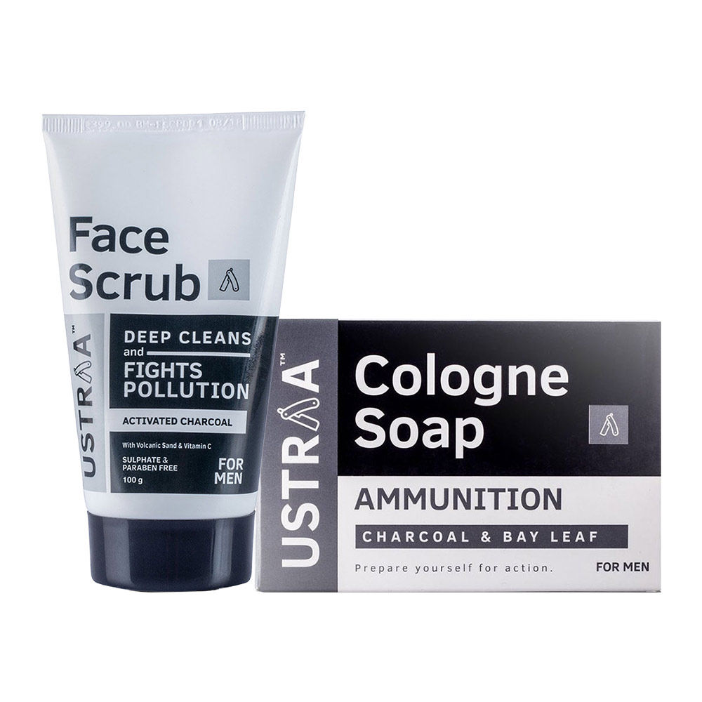 Ustraa Activated Charcoal Face Scrub & 3 Cologne Ammunition Soap