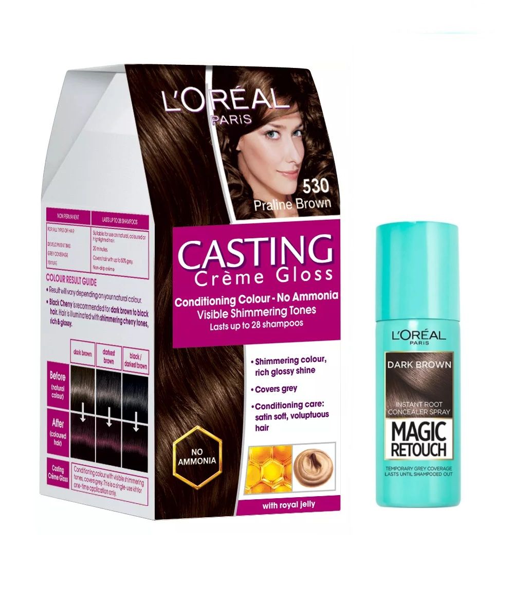 L'Oreal Paris Casting Creme Gloss Hair Color - 530 Praline Brown + Magic Retouch Instant Root Concealer - 2 Dark Brown