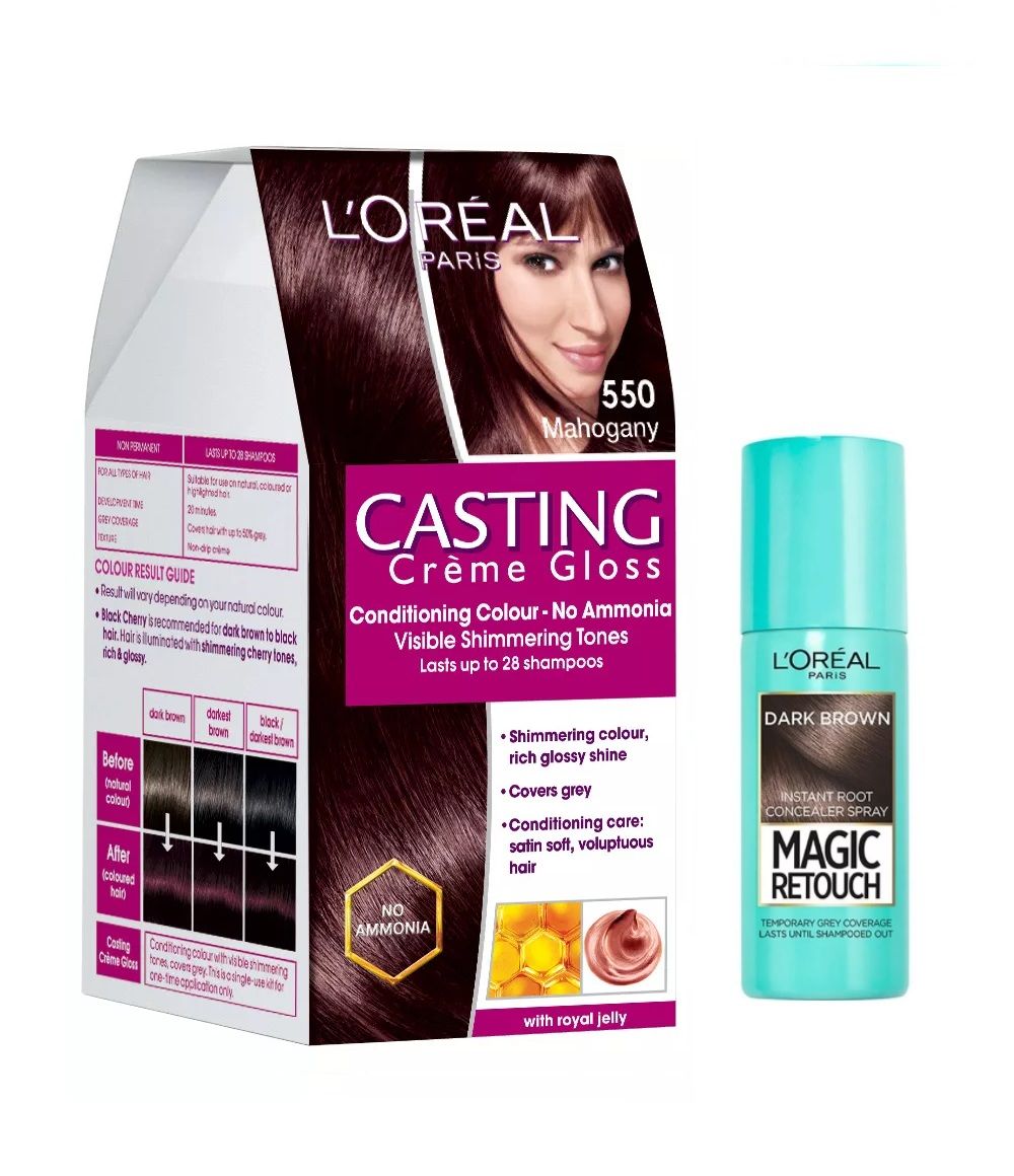 L'Oreal Paris Casting Creme Gloss Hair Color - Mahogany + Magic Retouch Instant Root Concealer - 2 Dark Brown