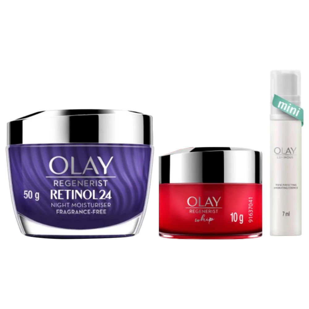 Olay Round The Clock Skin Care Combo- Retinol Cream (50gm) + Whip Mini (10gm) + Luminous Mini (7ml)