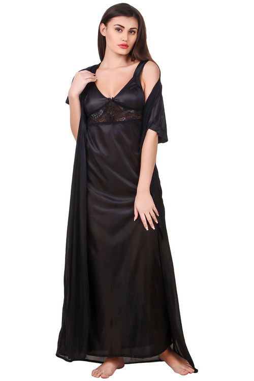 Buy Fasense Women Satin Black Nightwear 2 Pc Set of Nighty & Wrap