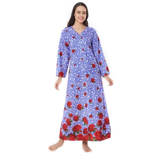 Velvet by night Purple Cotton Full Sleeves Printed Full Nighty For Women