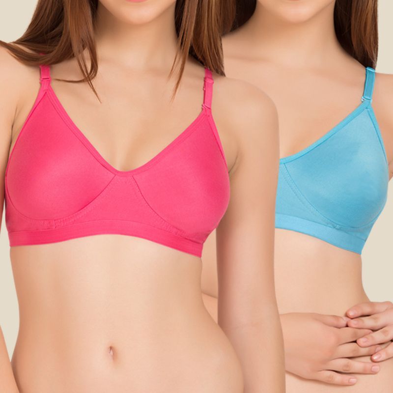 Tweens Dark Pink And Turquoise Blue Sleek Look Non Padded T-Shirt Bra -  Pack of 2 (32B)