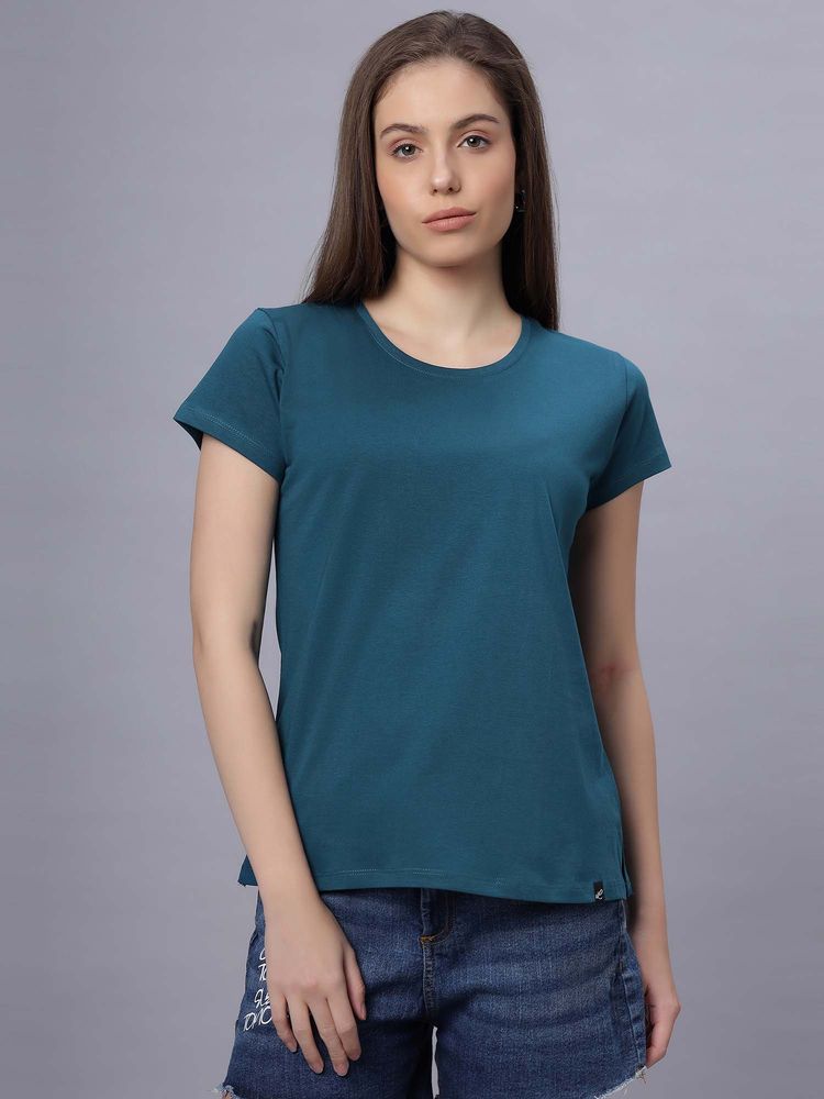 Quira Womens Solid Regular Fit Teal T-Shirt-picture-9