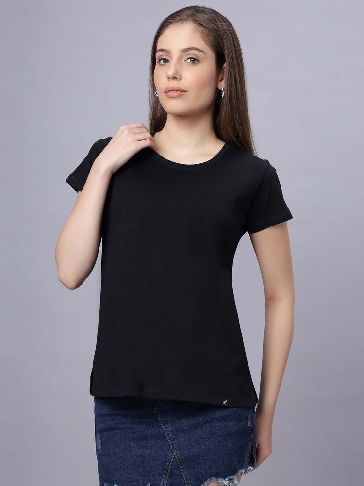Quira Womens Solid Regular Fit Black T-Shirt-image-8