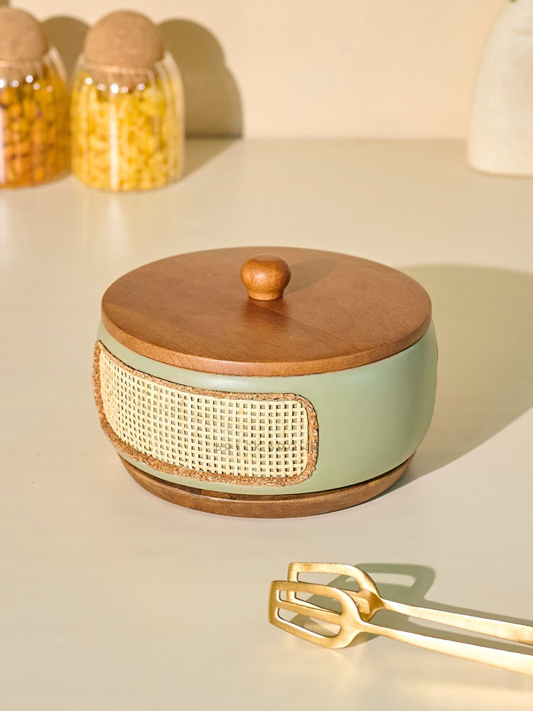 Brick Brown Green Jali Wood Roti Box Casserole-image-3