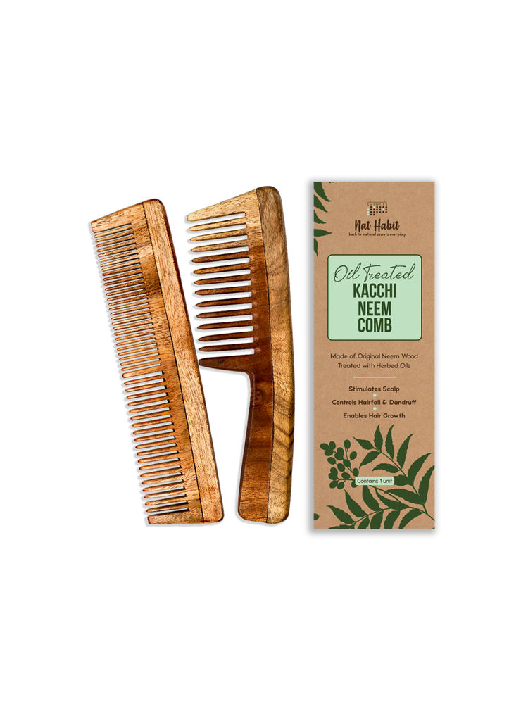 Nat Habit Oil Treated Kacchi Neem Handmade Wooden Comb - Dual + Wide Tooth Hairfall Reduction Combo