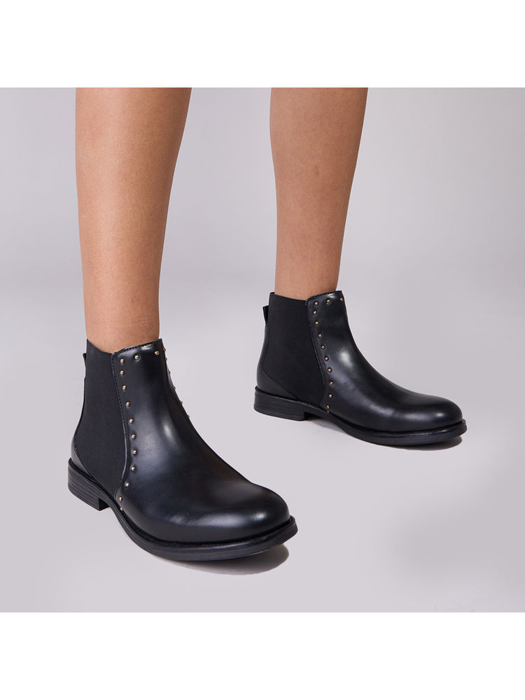 Twenty Dresses by Nykaa Fashion Black Solid Gold Studded High Ankle Winter Boots-image-17
