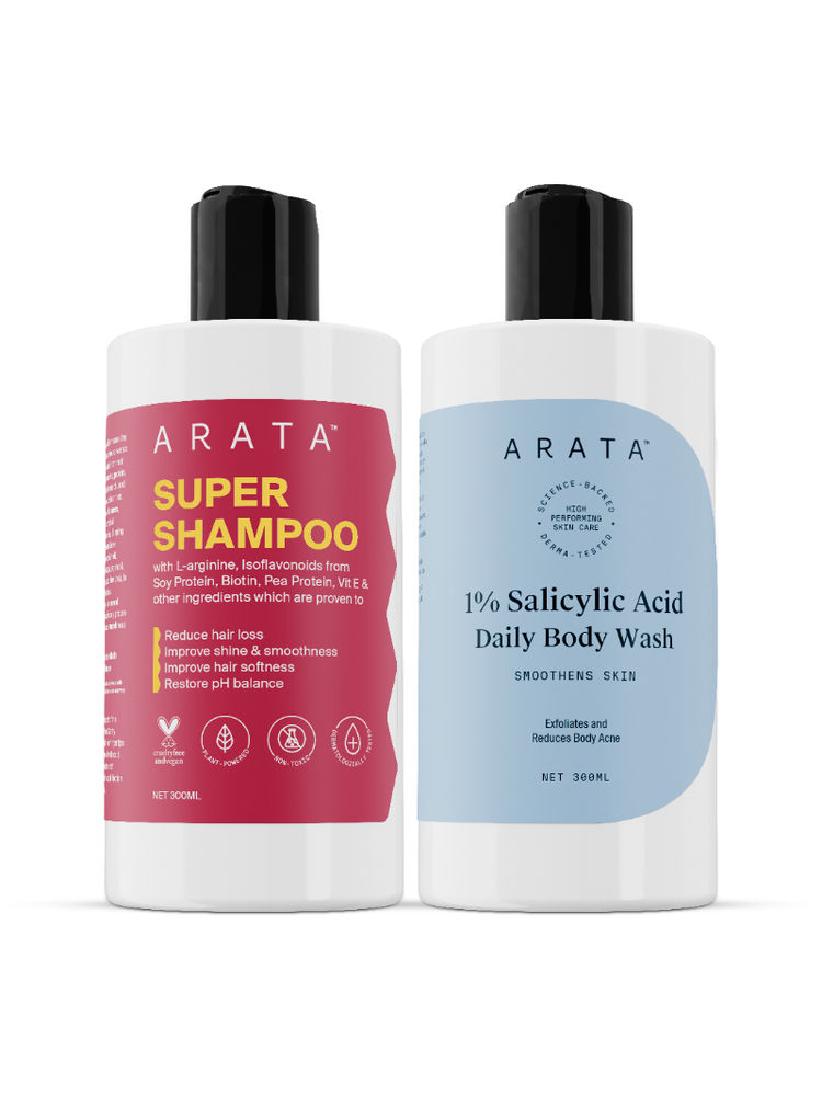 Arata Smooth Hair & Skin Duo - Super Shampoo & 1% Salicylic Acid Body Shower Gel