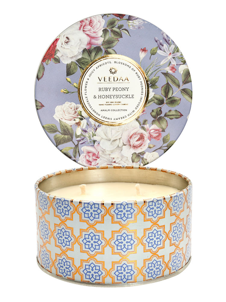 Veedaa Ruby Peony & Honeysuckle 3 Wick Tin Scented Candle