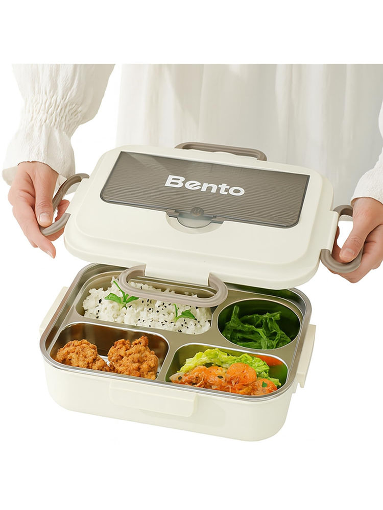 House of Quirk Beige Stainless Steel 304 Multi Layer Lunch Box With Compartments & Utensils-image-8