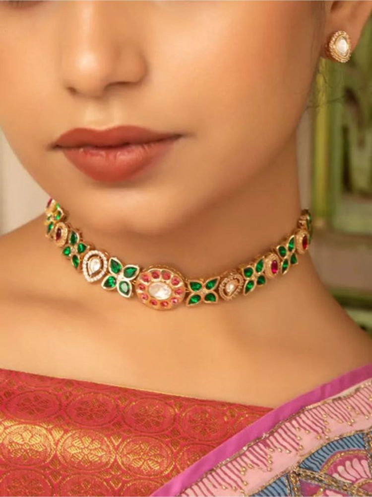 XAGO Gulab Gharana Polki Moissanite Choker Necklace Set With Emerald and Ruby Accents-image-19
