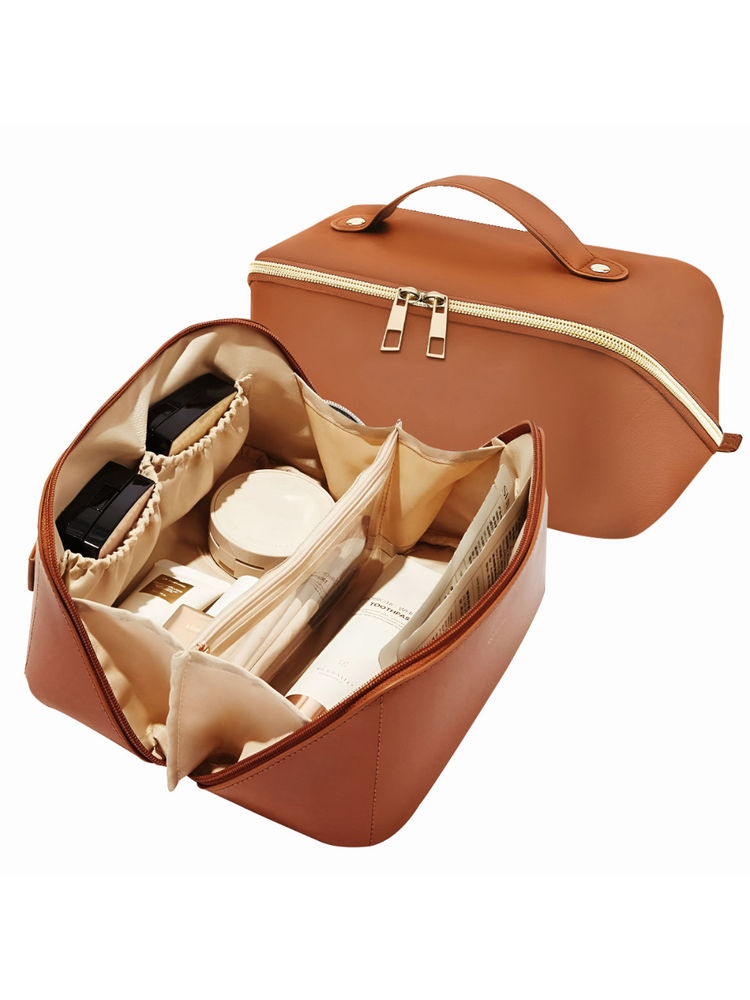 Matra Travel Makeup Bag Cosmetic Storage Leather Vanity Pouch - Brown