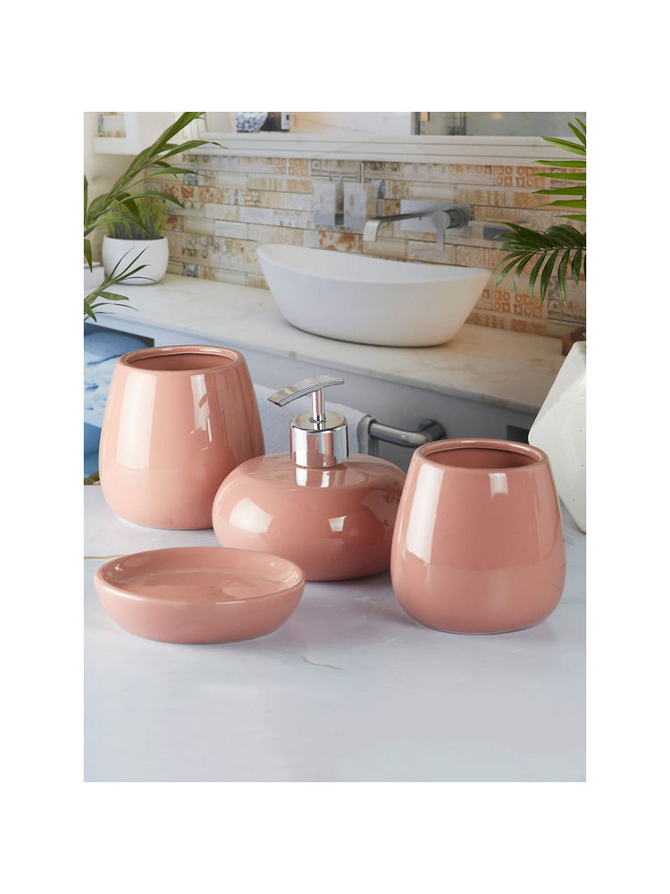 Kookee Ceramic Toothbrush Holder, Soap Dish & Tumbler with Soap Dispenser -Pink (Set of 4)-image-23