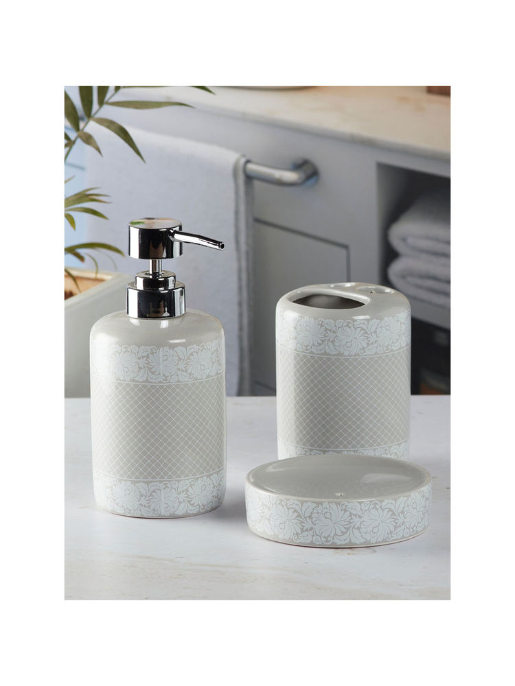 Kookee Ceramic Toothbrush Holder & Soap Dish with Soap Dispenser -Grey (Set of 3)-image-21