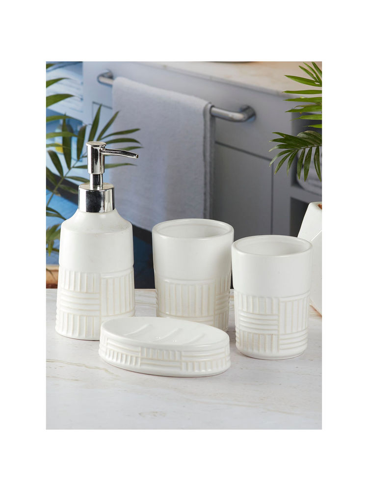 Kookee Ceramic Toothbrush Holder, Soap Dish & Tumbler with Soap Dispenser -White (Set of 4)-image-25