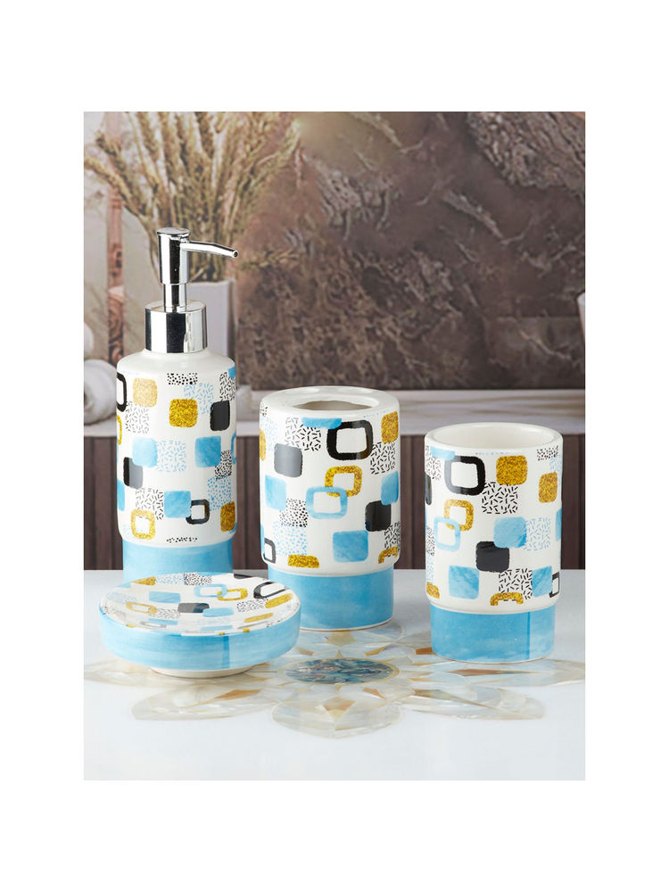 Kookee Ceramic Toothbrush Holder, Soap Dish & Tumbler with Soap Dispenser -Blue (Set of 4)-picture-31
