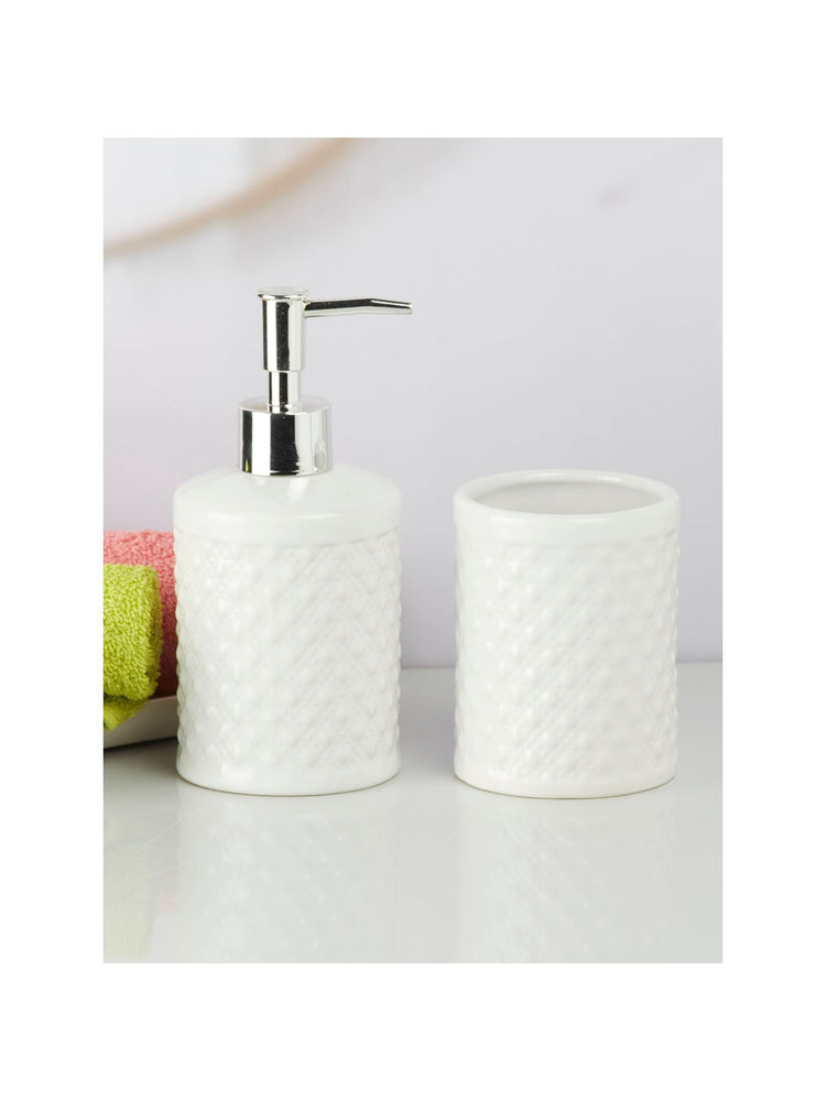 Kookee Ceramic Toothbrush Holder with Soap Dispenser -White (Set of 2)-image-4