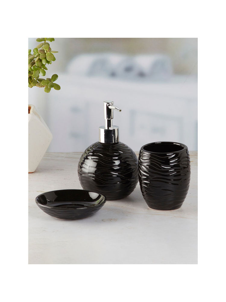 Kookee Ceramic Toothbrush Holder & Soap Dish with Soap Dispenser -Black (Set of 3)-picture-19