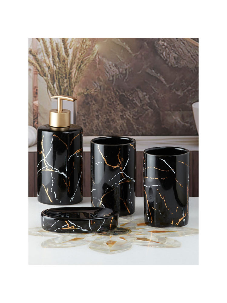 Kookee Ceramic Toothbrush Holder, Soap Dish & Tumbler with Soap Dispenser -Black (Set of 4)-picture-13