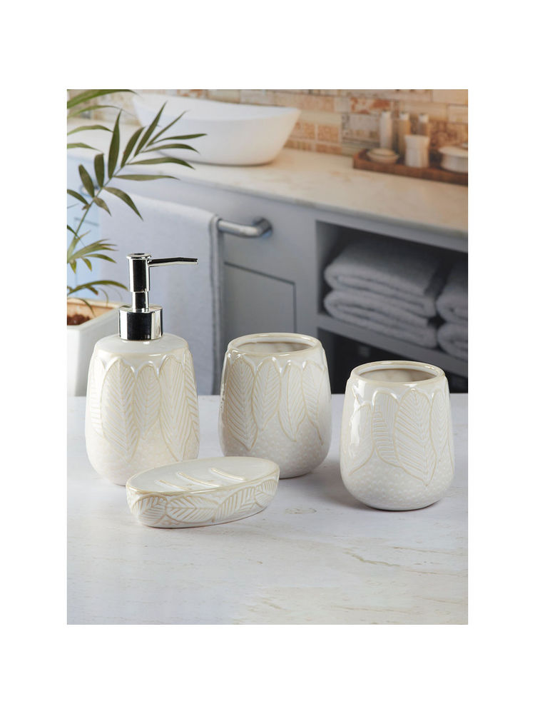 Kookee Ceramic Toothbrush Holder, Soap Dish & Tumbler with Soap Dispenser -Off White (Set of 4)-picture-30
