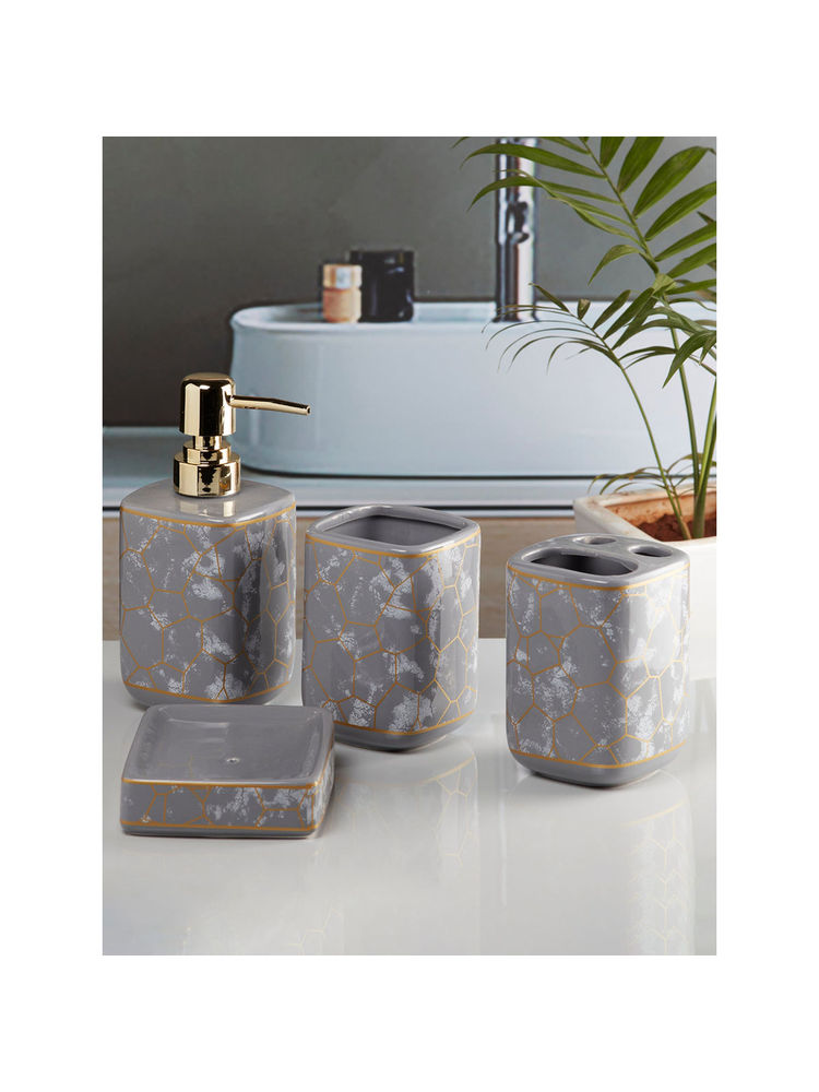 Kookee Ceramic Toothbrush Holder, Soap Dish & Tumbler with Soap Dispenser -Grey (Set of 4)-picture-22