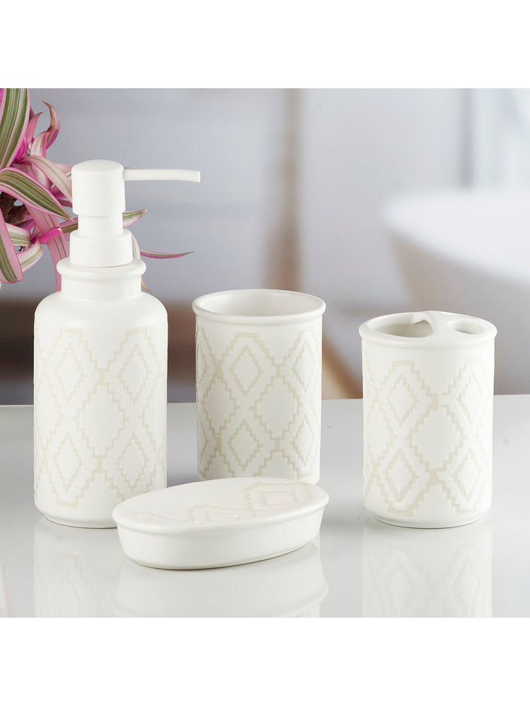 Kookee Ceramic Toothbrush Holder, Soap Dish & Tumbler with Soap Dispenser -White (Set of 4)-image-26