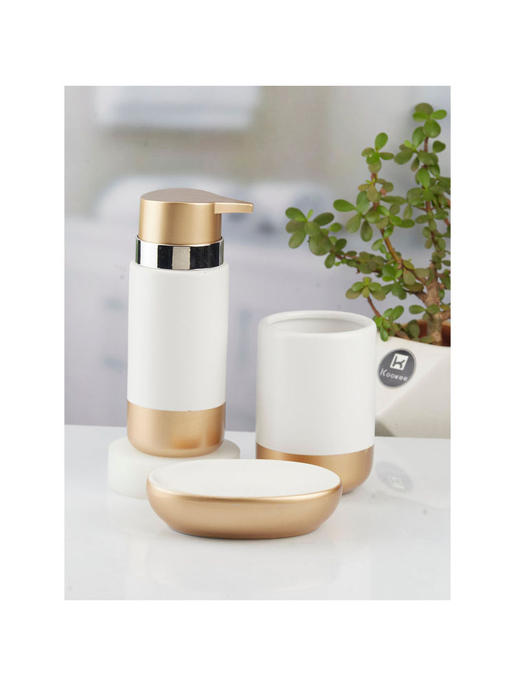 Kookee Ceramic Toothbrush Holder and Soap Dish with Soap Dispenser -White (Set of 3)-picture-0