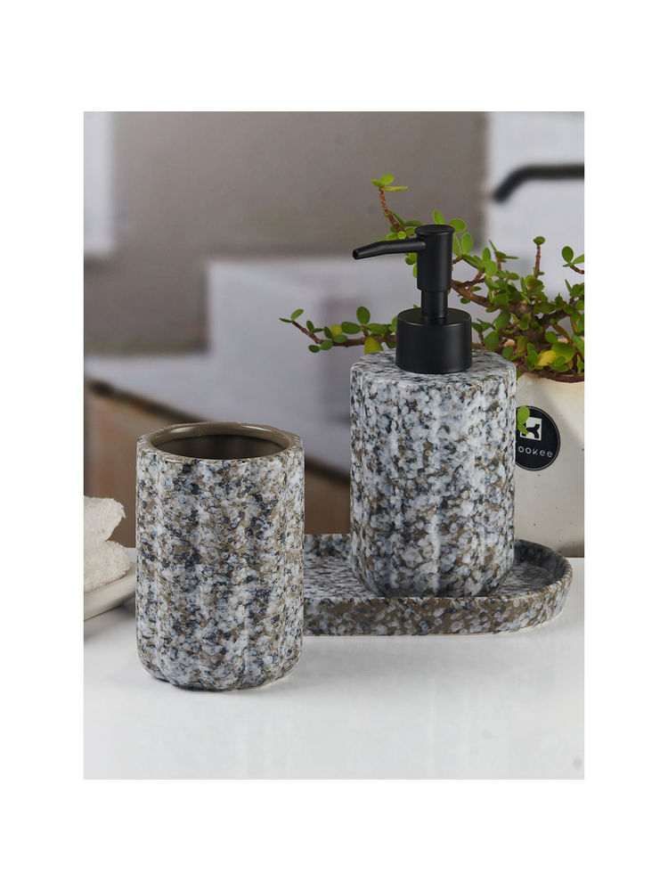Kookee Ceramic Toothbrush Holder with Soap Dispenser and Tray -Grey (Set of 3)-image-43