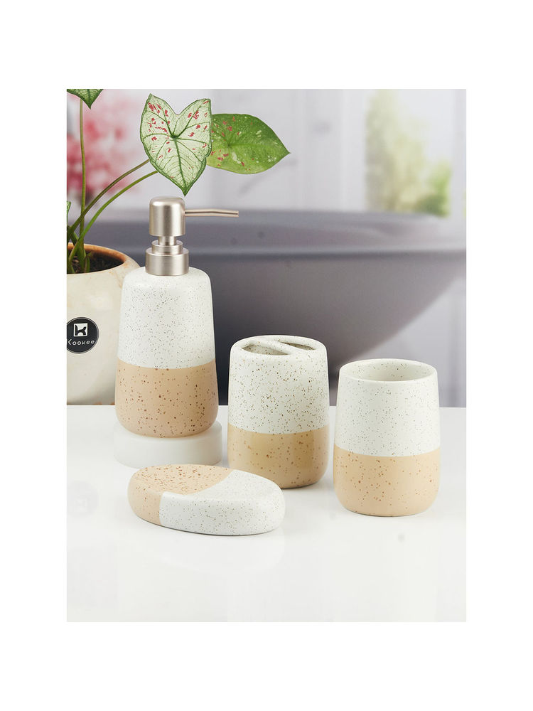 Kookee Ceramic Toothbrush Holder, Soap Dish & Tumbler with Soap Dispenser -White (Set of 4)-picture-23