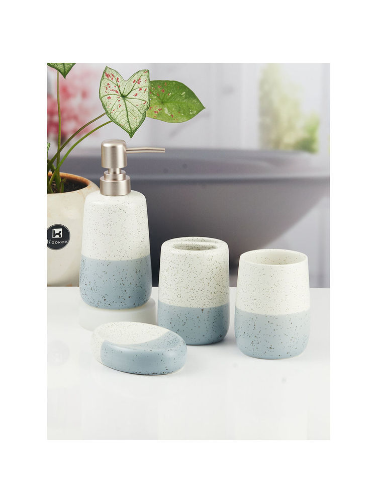 Kookee Ceramic Toothbrush Holder, Soap Dish & Tumbler with Soap Dispenser -White (Set of 4)-picture-26