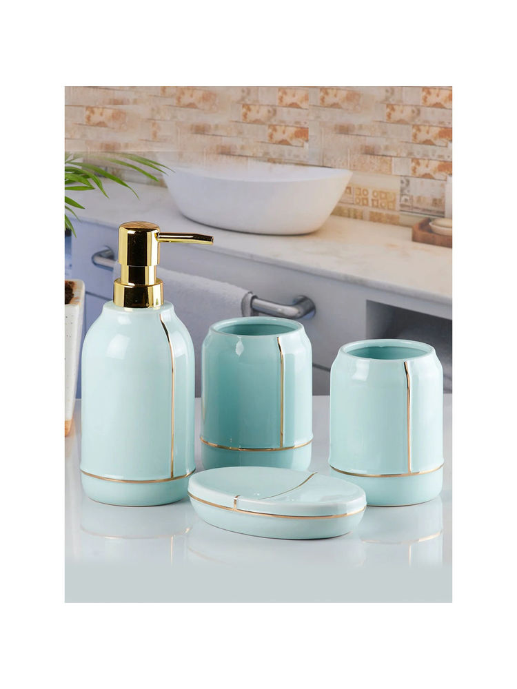 Kookee Ceramic Soap Dish, Toothbrush Holder & Tray with Soap Dispenser -Blue (Set of 5)-image-27