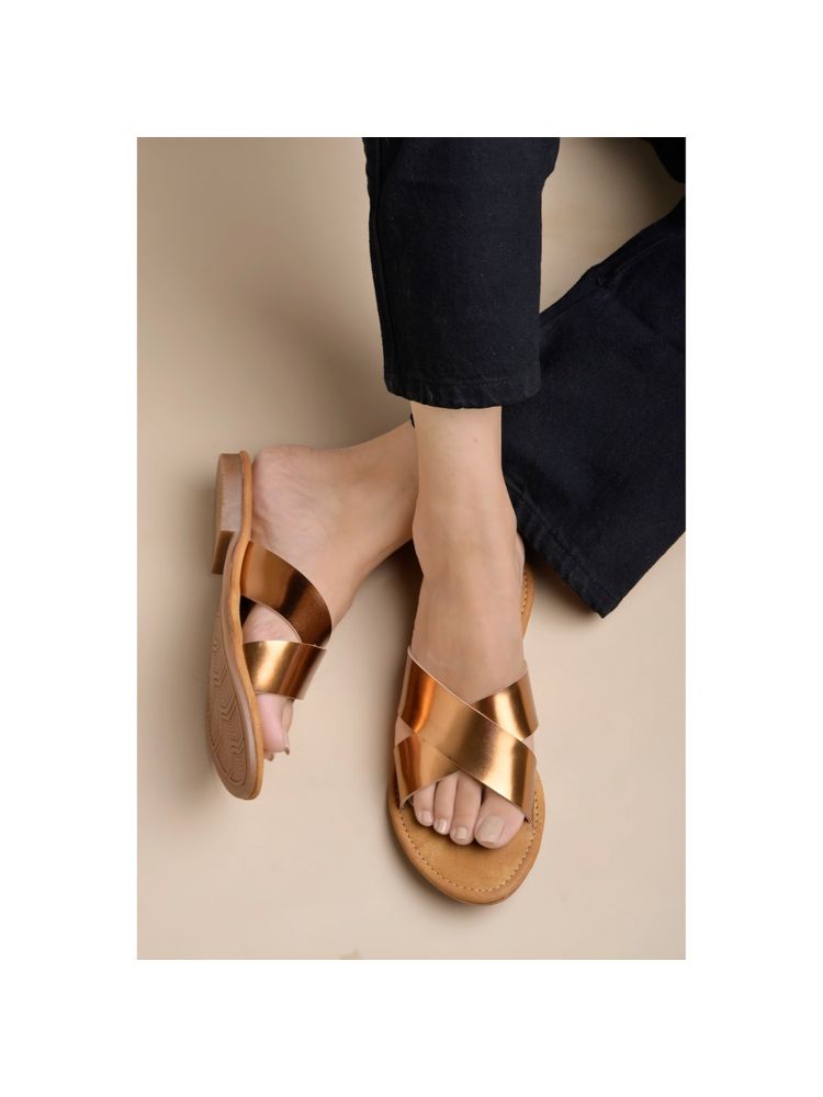 Shoetopia Embellished Cross Strap Copper Flats for Women-image-40