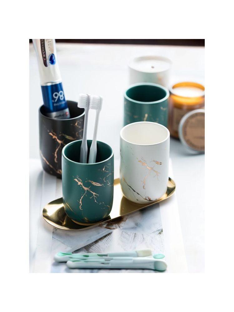 UMAI Ceramic Toothbrush Holder - White & Green (Pack of 2)-picture-11