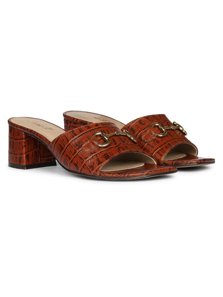 Saint G Brown Leather with Gold Sadle Block Heels-image-3
