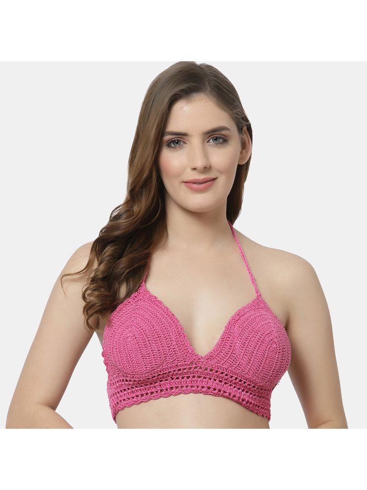 Velvery Handmade Halter Neck Padded Bralette Crop Top - Pink