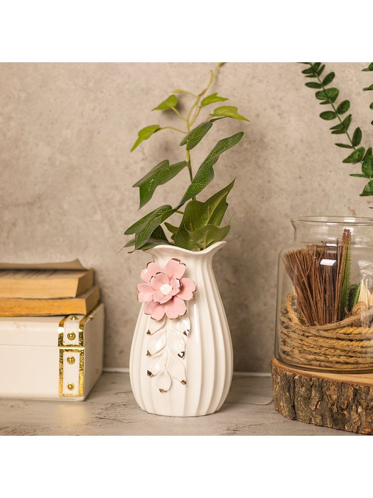 Voncasa Off White Ceramic Vase - Engraved Floral Pattern, Flower Holder-picture-27