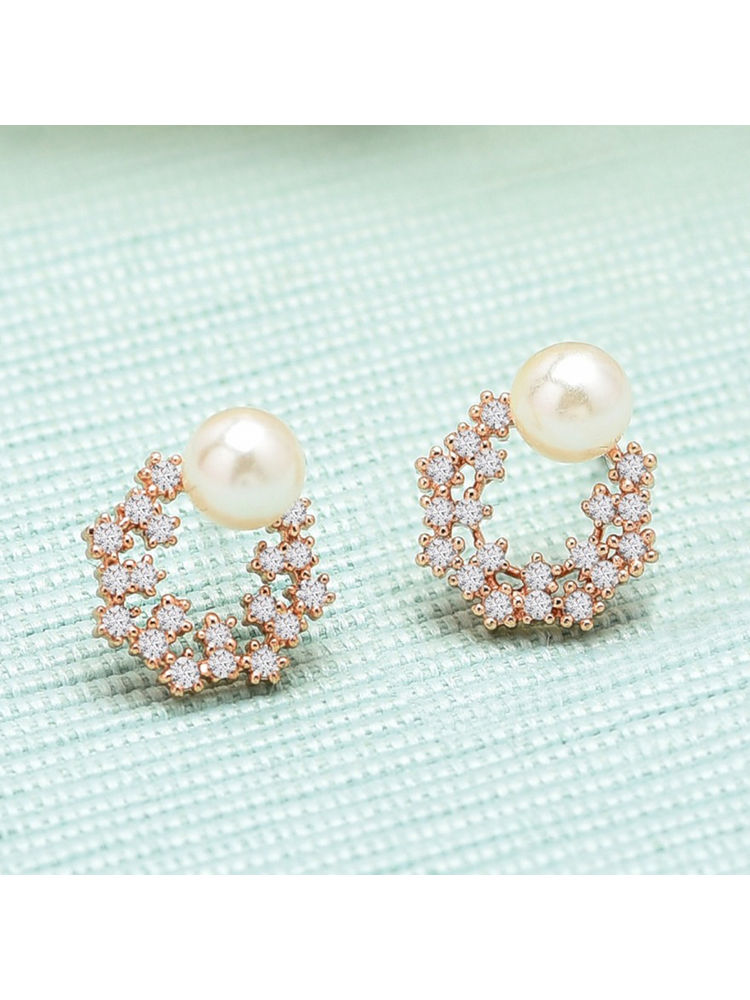 Zaveri Pearls Gold Tone Floral Cubic Zirconia & Pearl Brass Stud Earring - ZPFK9456