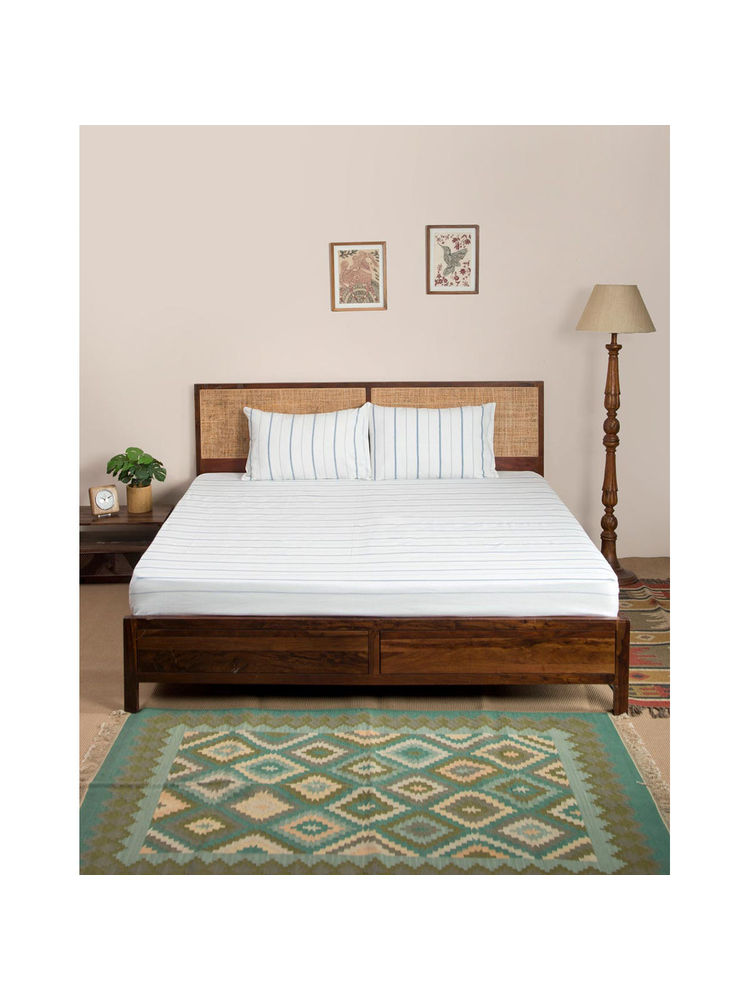 fabindia fashion Fabindia White Woven Cotton Bedsheet with 2 Pillow Covers-picture-14