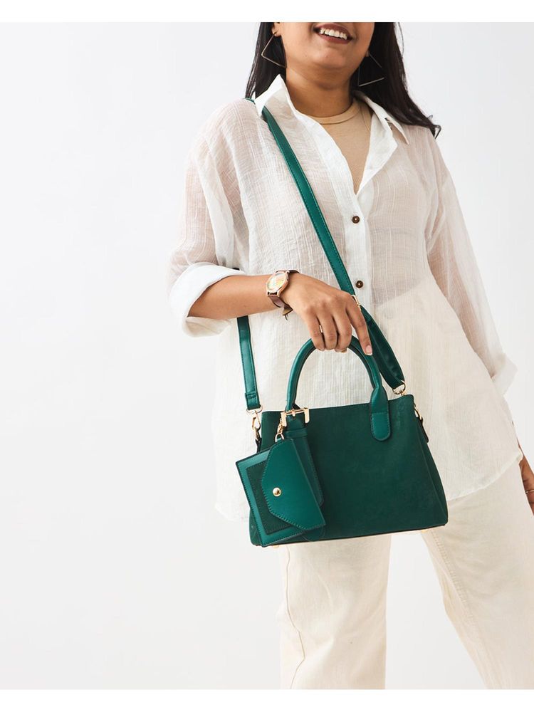 Chumbak Green Solid-Plain Handbag and Pouch with Detachable Strap-picture-10